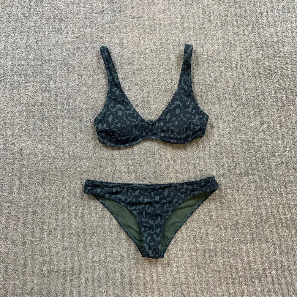 Vuori Bikini Set Womens L Large Aqua Leopard Print Padded Triangle Top Bottom